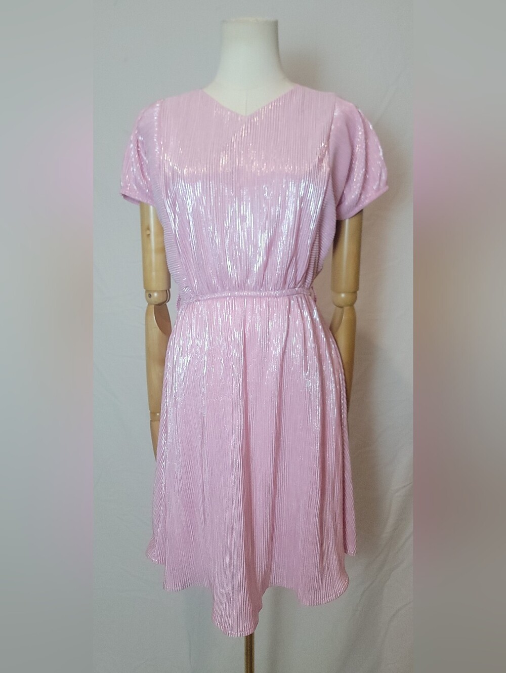 Vintage 1970/80 Metallic Pink Plissé Dress, Size EU 34/ US 2